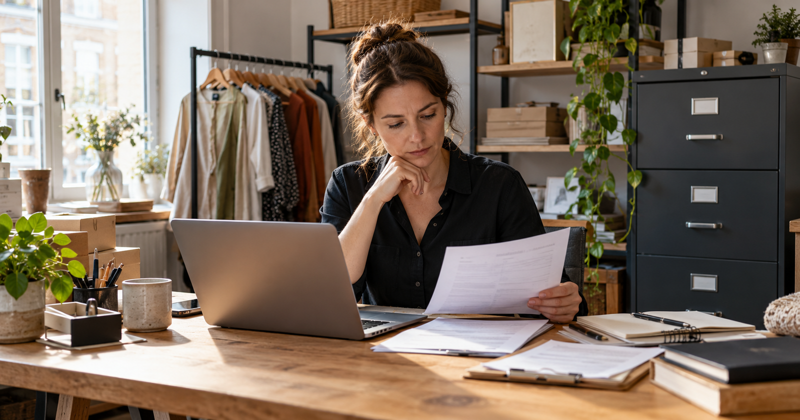 Illustrative small retailer reviewing campaign plans at a laptop